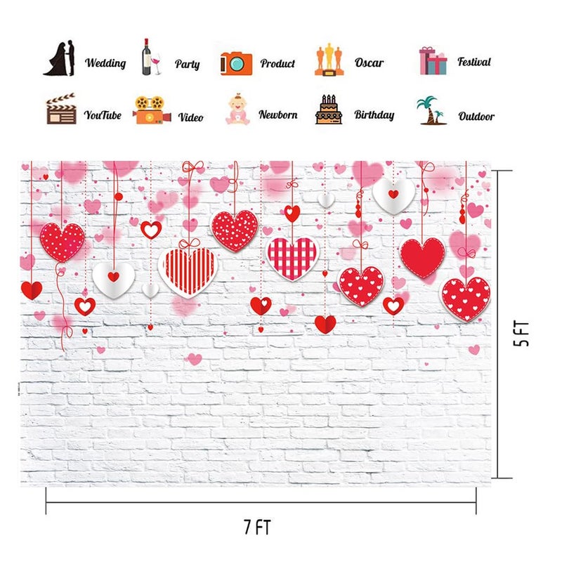 LTLYH 7x5ft Valentine's Day Backdrop White Brick Wall Red Hearts Photography Background for Mother's Day Wedding Bridal Shower Birthday Party Decor Banner Portrait Photo Booth Props 088 - Image 4